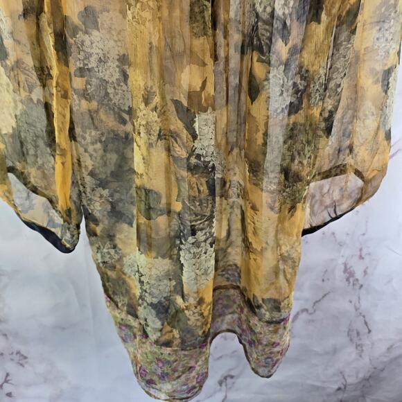 Arrata Silent Journey Shirt Womens Medium Silk Blouse Sheer Yellow Floral Button - Picture 8 of 14